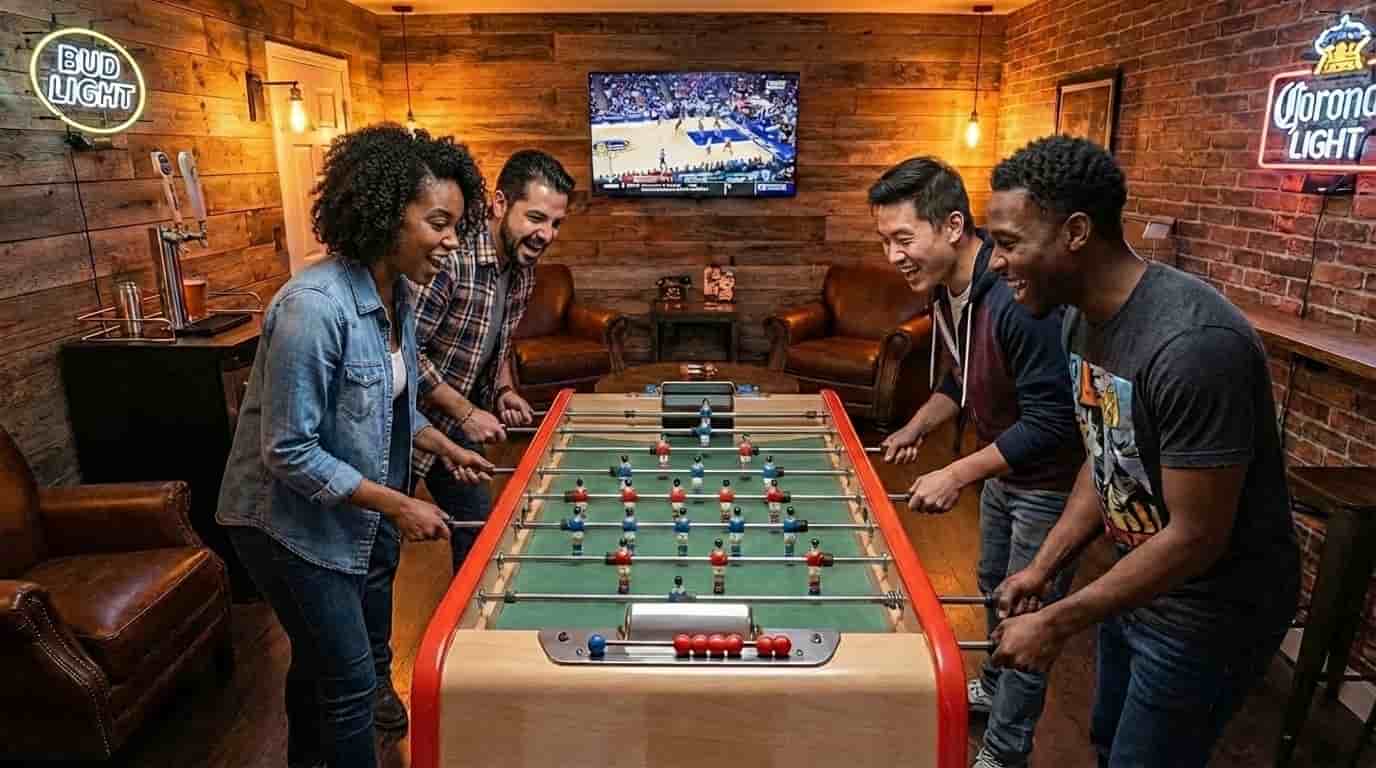 Group of friends playing foosball in a bar with sports on TV