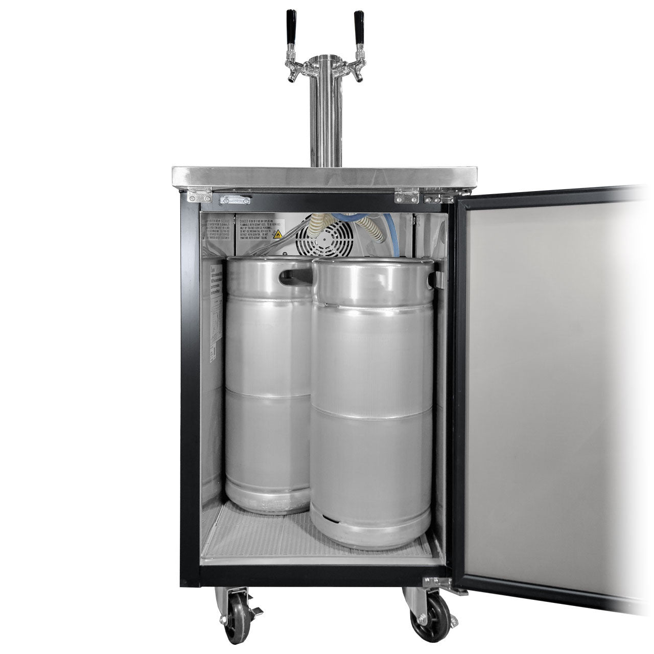 Commercial beer cooler with two kegs inside on a white background