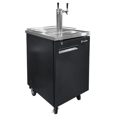Black beer cooler with stainless steel top and dual faucet on a white background