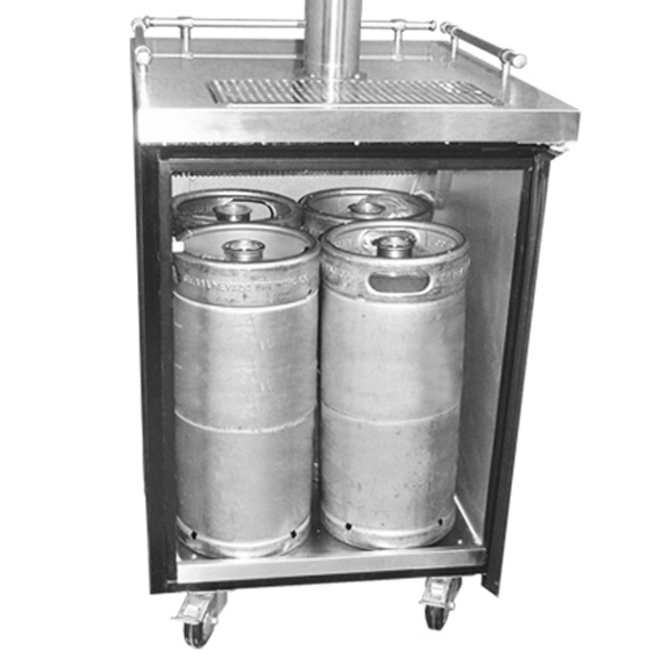 Metal beer keg cooler with four kegs inside on a white background