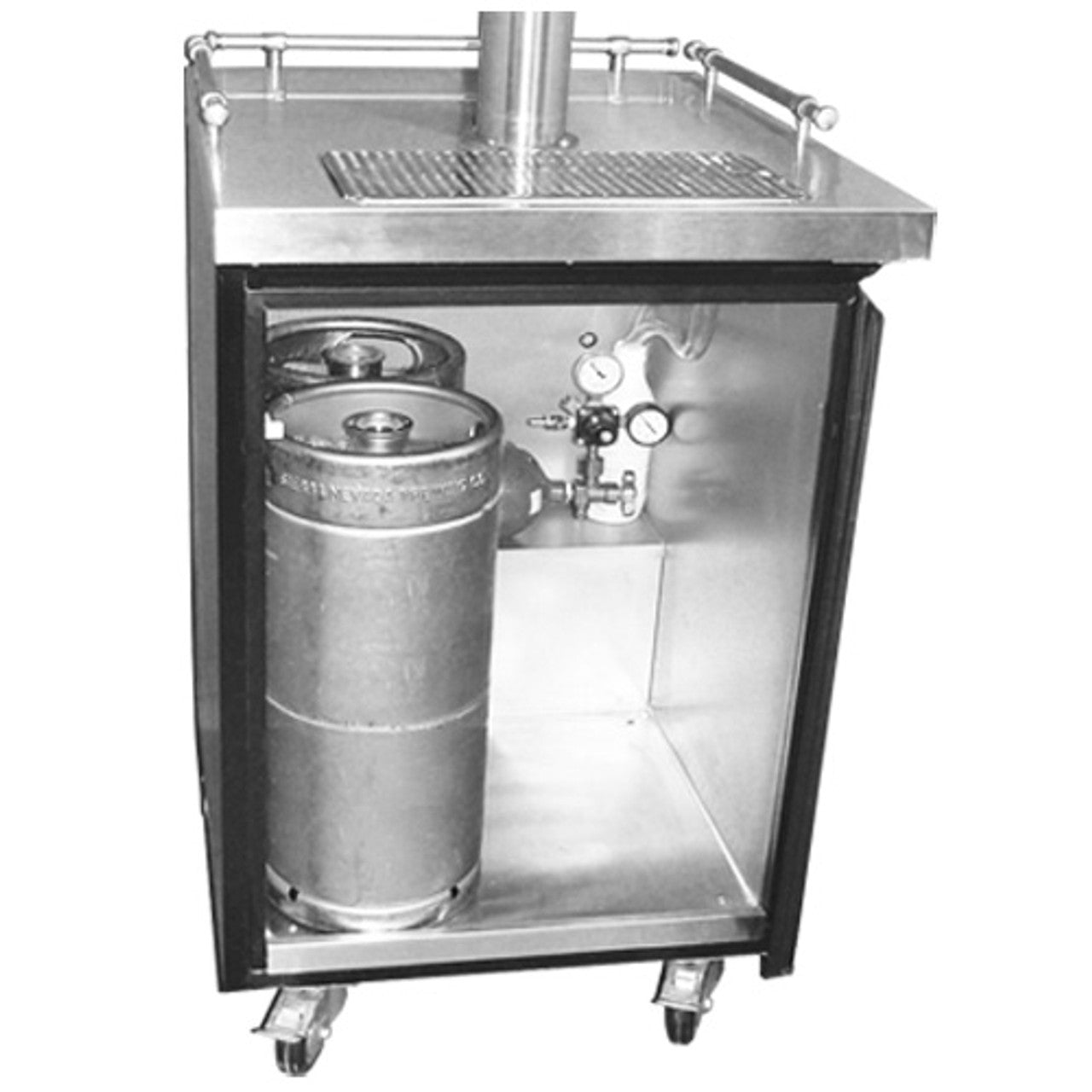 Metal beverage dispenser with two kegs inside on a white background