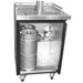 Metal beverage dispenser with two kegs inside on a white background