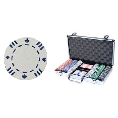 500 Clay poker chips and two deck of cards inside a padded metal container.