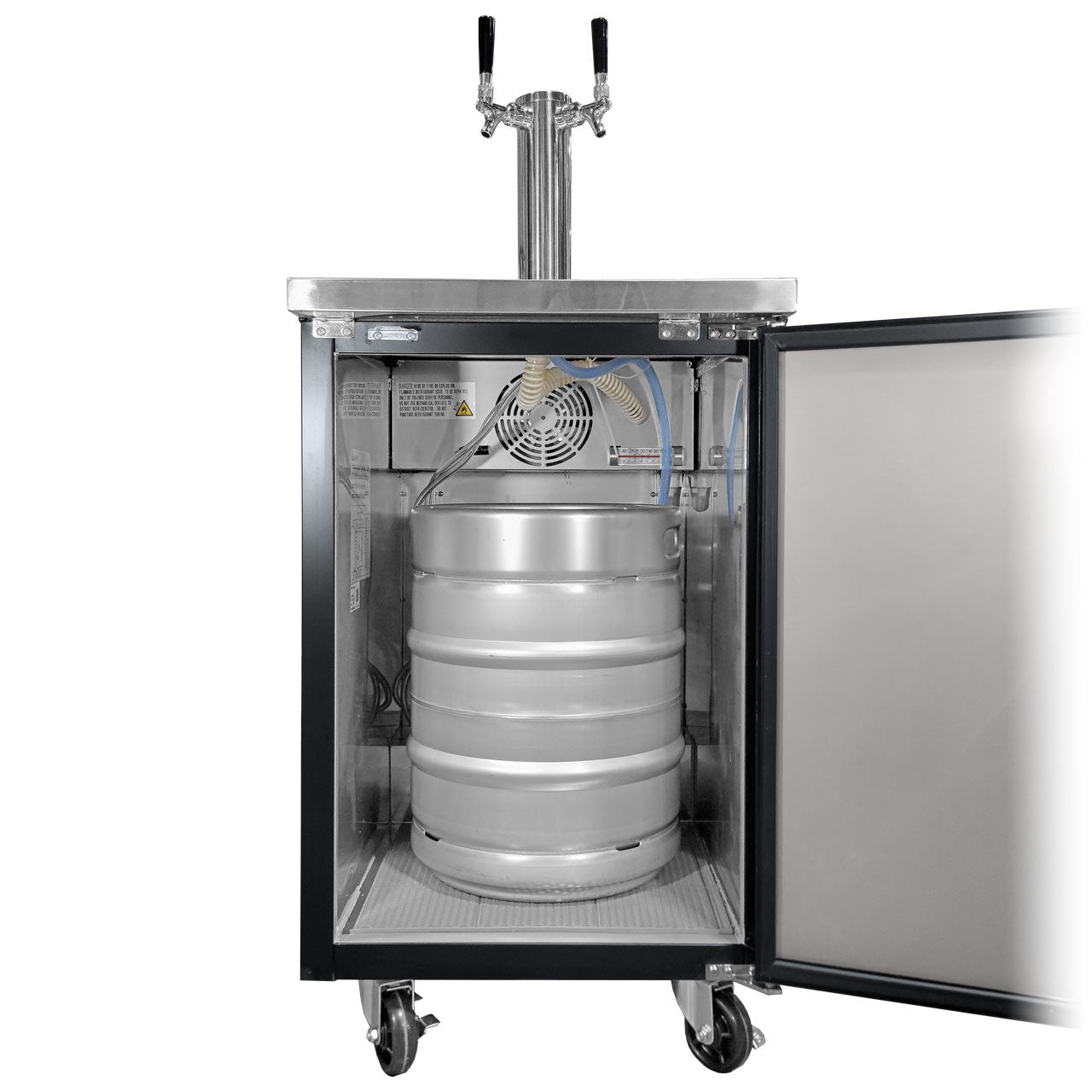 Commercial beer cooler with a 50L keg inside on a white background
